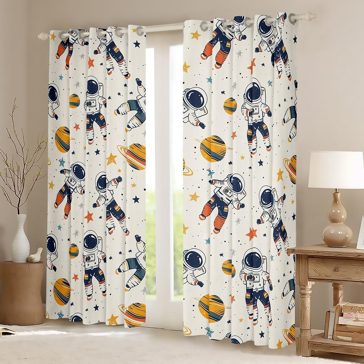Homemissing Kids Astronaut Planet Stars Printed Curtains (2 Panels,W46*L54) For Boys Girls Bedroom Living Room Cartoon Outer Space 30%-50% Room Darkening Blackout Curtains Window Treatments - Image 2