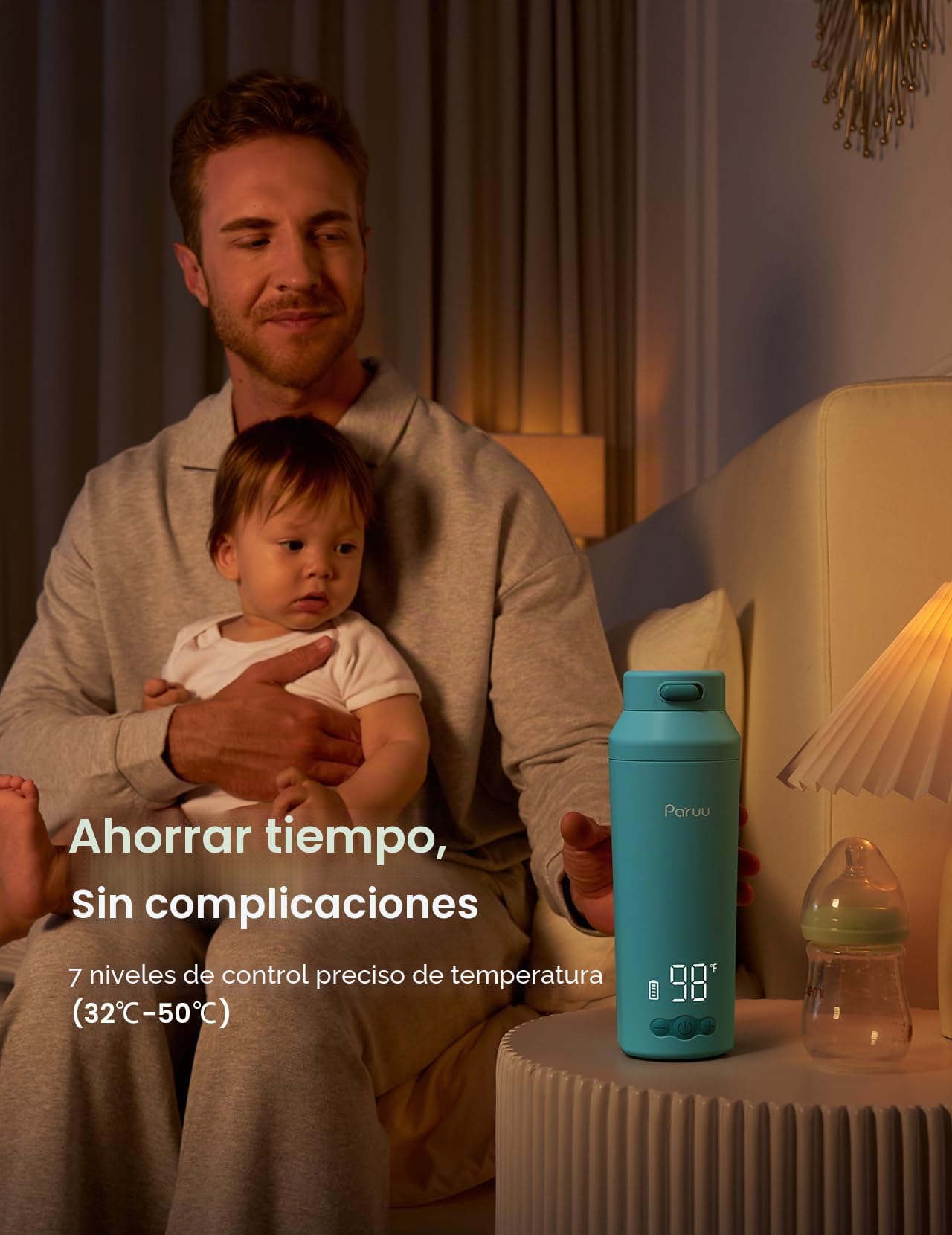 Paruu Calienta Biberones Portatil para Viaje, Calentamiento Rápido en 2 Minutos, Boca Ancha Fácil de Limpiar, 7 Niveles de Regulación de Temperatura, Carga Rápida 30W, Capacidad 350 ml, Azul