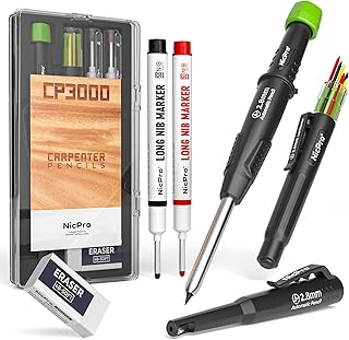 Nicpro Carpenter Pencil with Sharpener, CP3000 Construction Pencils with 6 Refills in a Lead Dispenser, Deep Hole Long Nib Marker Pens for Construction, Heavy Duty Carpenter Tools for Woodworking