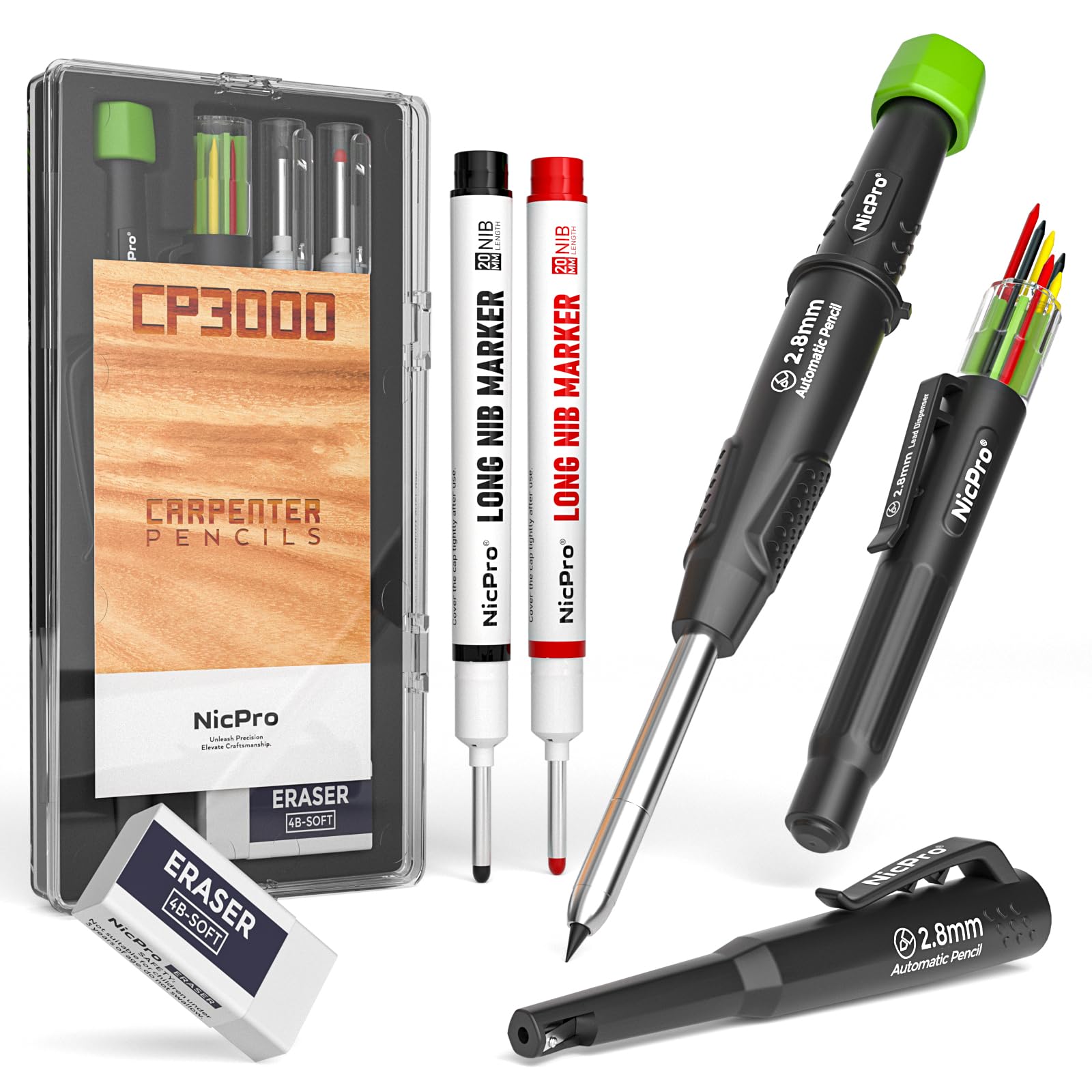 Nicpro lapiz carpintero con sacapuntas, lapiz carpintero CP3000 con 6 recambios, marcadores de punta larga y orificio profundo para construcción, herramientas de carpintero para carpintería