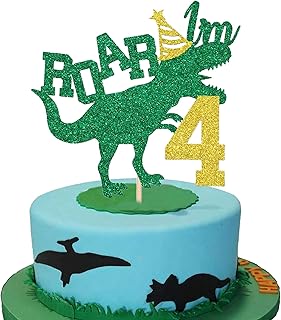 Dinosaur Roar I'm 4 Dinosaur Cake Topper,Green Glitter Fierce T-Rex Birthday Decor Jurassic Theme Cake Decoration for Boys Girls 4th Birthday Party