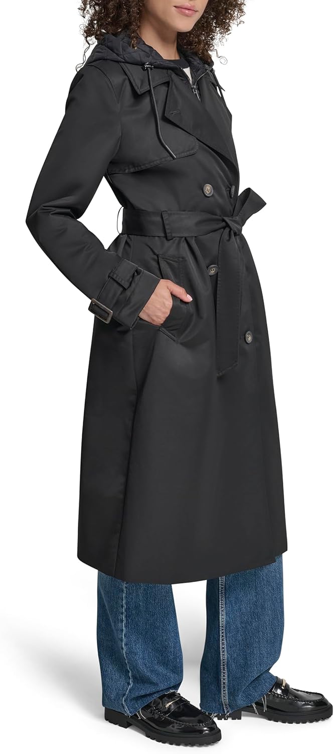DKNY Women's Trench Coat With Bib– Long Double-breasted Belted Jacket With Quilted Bib With Hood - Image 2