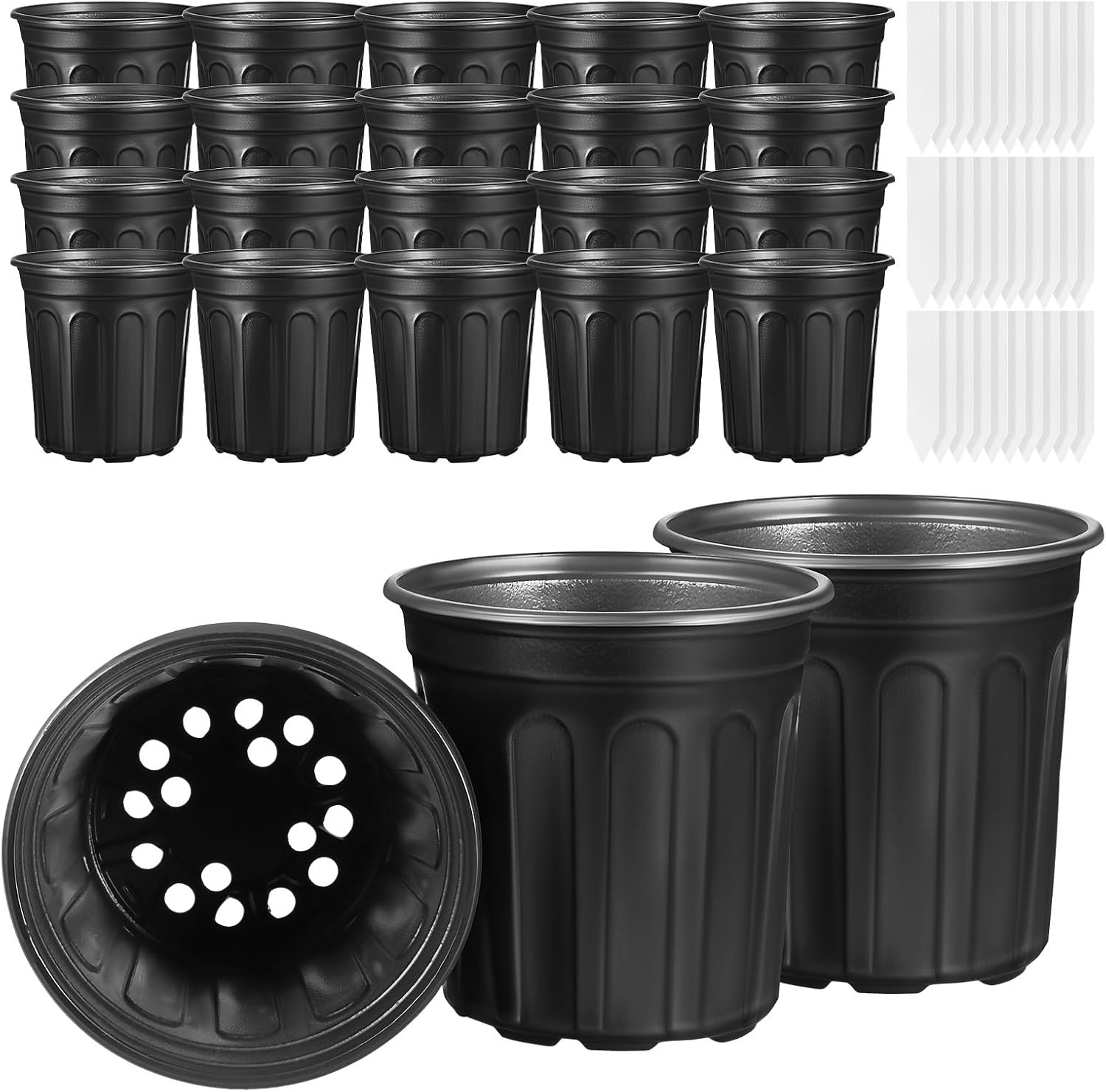 50 Pcs Plastic Nursery Planter Pots with Drainage Holes, 16.5cm Diameter Black and White Decorative Flower Pots for Indoor and Outdoor Gardening with White Tags