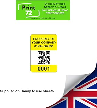 1000 Serialised QR Code Asset Tag Labels Custom Stickers- Yellow. 40mm x 28mm Permanent Vinyl Labels
