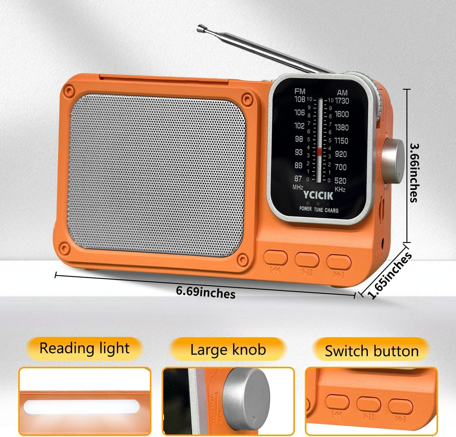 Portable AM/FM Radio with Bluetooth, Rechargeable Battery, Reading Lamp, Dual Power Supply, Pointer Tuner, Headphone Jack for Home and Emergency Use,Headphone Jack for Elderly and Kids (Orange) - Image 2