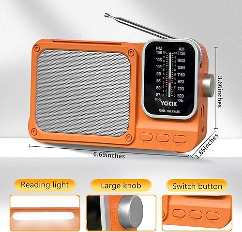 Miniatura 2 de Radio AMFM portátil con Bluetooth, batería recargable, lámpara de lectura, fuente de alimentación doble, sintonizador de puntero, conector de