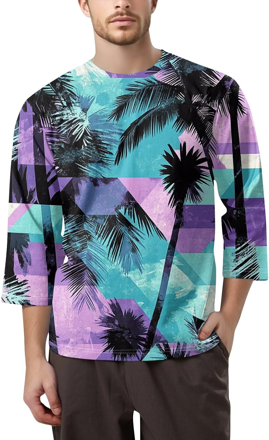 WENKOMG1 Men's Hawaiian Print Tee Shirt Three Quarter Sleeve Casual Summer Beach Tee Tops, S-4XL