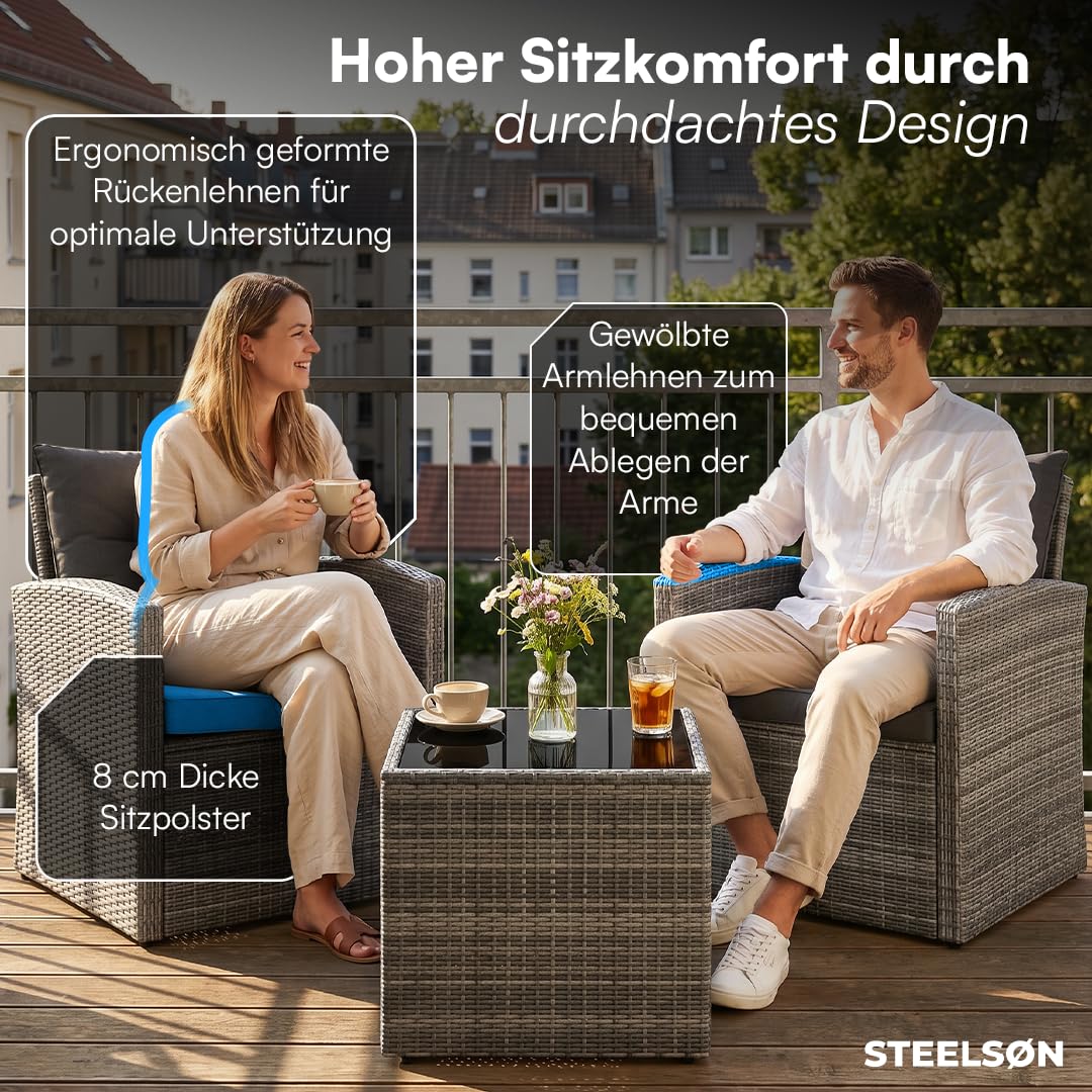 STEELSØN Selaria Rattan Gartenmöbel – Sitzgarnitur 2 Gartenstühle & 1 Tisch – Outdoor-Sitzgruppe grau – Gartensessel wetterfest 2 Personen – Gartenset mit Sitzkissen – Balkonset – Terrassenmöbel