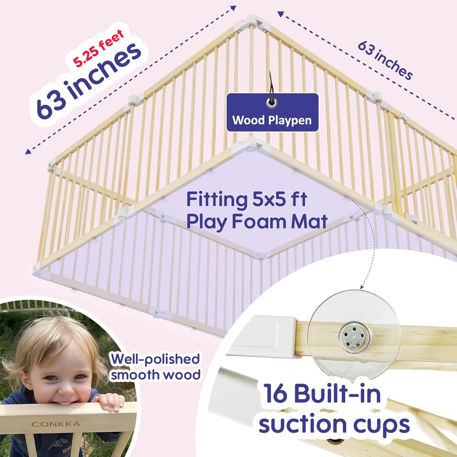foldable wooden baby playpen large play yard for babies, 2 in1 new mom helper portable fence, custom 25" tall wood gate with adjustable size & shape for infants 3-16 months -63x63x25 inch
