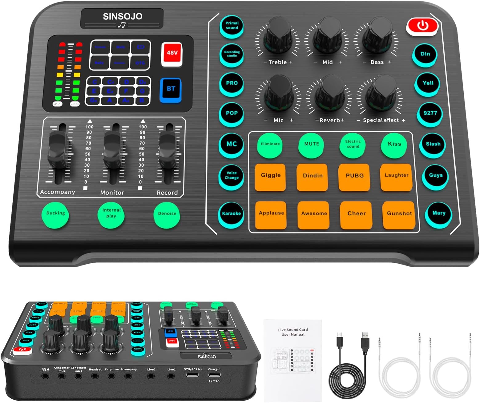 SINSOJOProfessional Audio Mixer,Audio Interface with DJ Mixer Live Sound Card Effects and Voice Changer,48V Phantom Power Stereo DJ Studio Streaming, Prefect for Streaming/Podcasting/Gaming