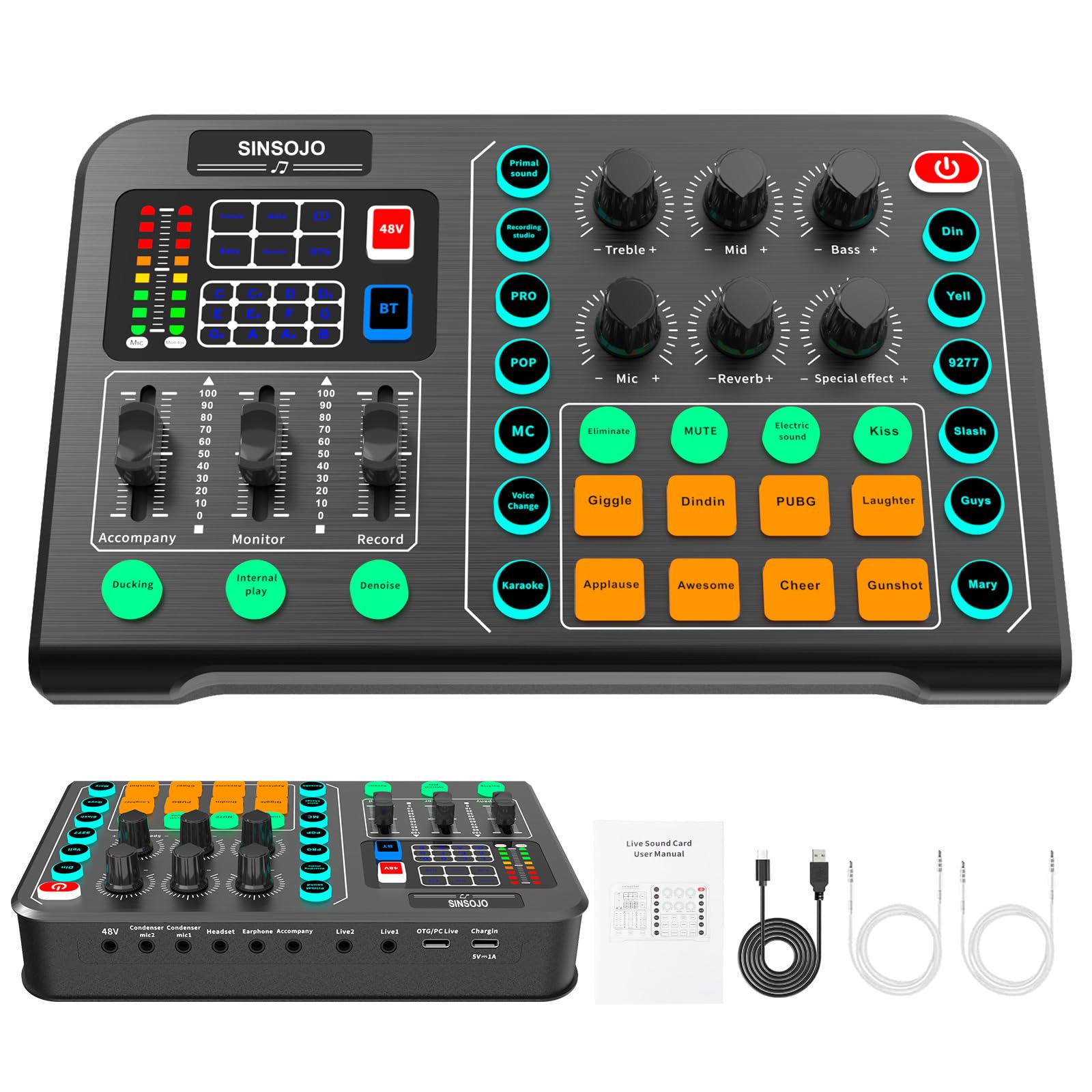 Professional Sound cards,Audio Interface with DJ Mixer Live Sound Card Effects and Voice Changer,48V Phantom Power Stereo DJ Studio Streaming, Prefect for Streaming/Podcasting/Gaming