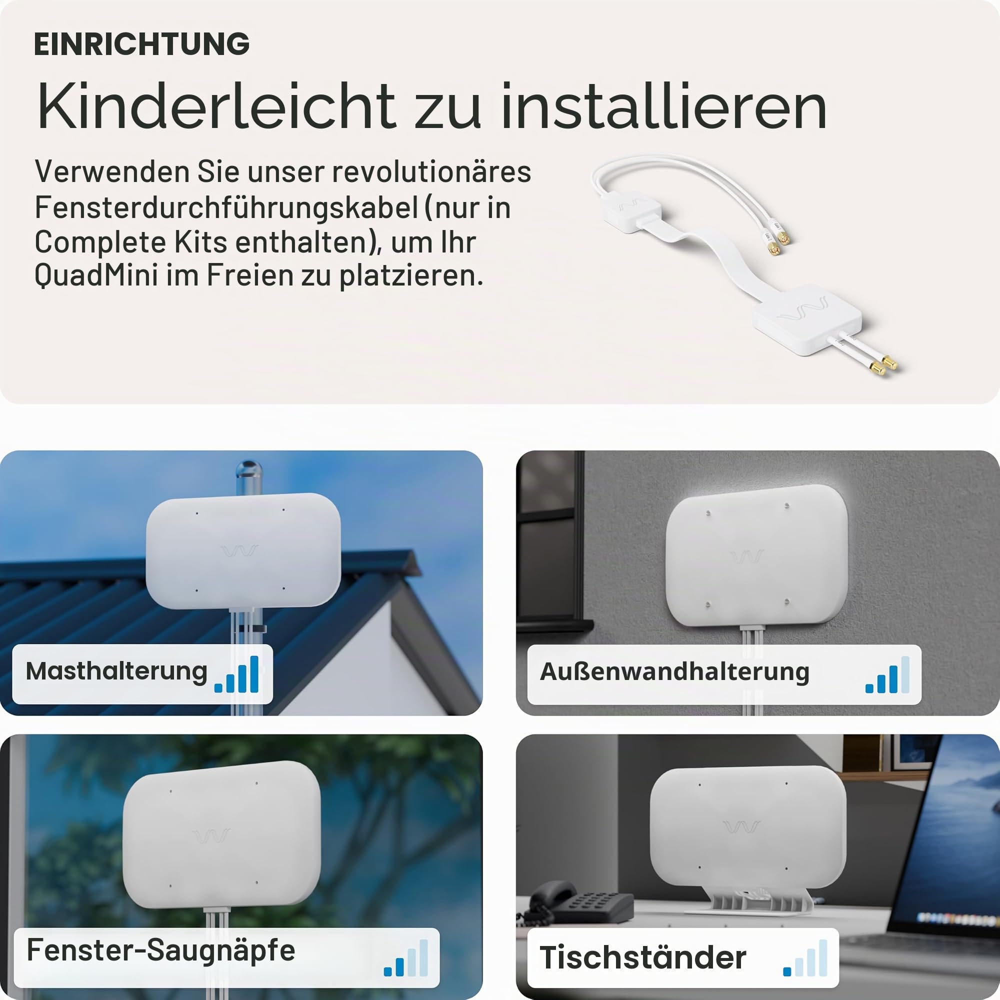 Waveform DualMini: Low-Profile 2x2 MIMO Fensterantennen-Set, omnidirektionale 4G/5G-Router und Hotspots, für Vodafone, Deutsche Telekom und O2, 25,4 cm SMA-Kabel, TS9-Adapter, Fenstereingang