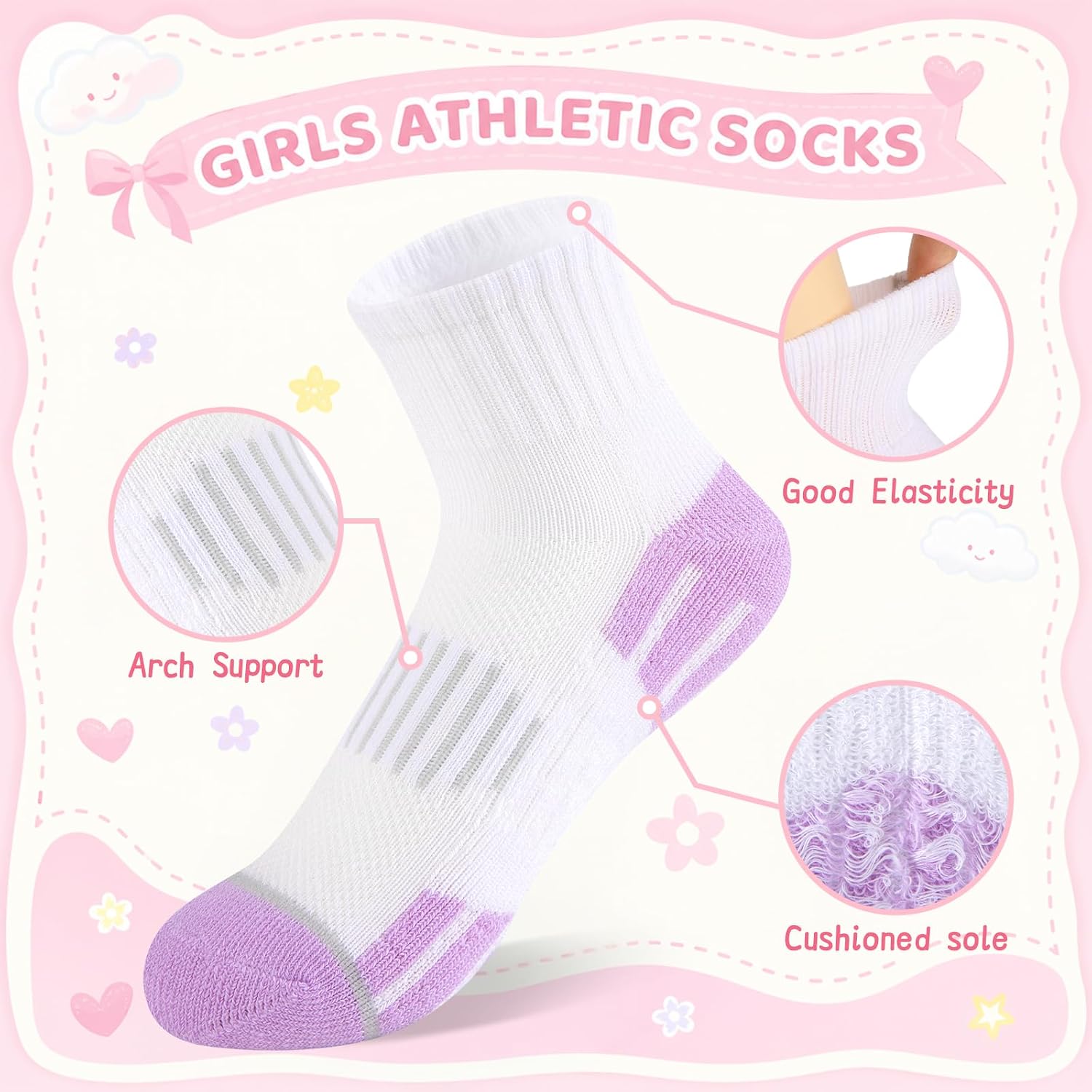 Comfoex Girls Quarter Socks For Kids Ages 4-6 6-8 8-10 Cushioned Athletic Socks For Girls Breathable Sports Socks 8 Pairs