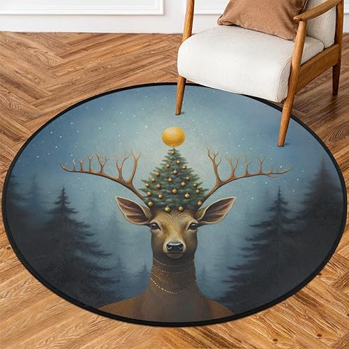 Christmas Tree Animal Reindeer (2) Round Area Rug 3ft Machine Washable Circular Rugs for Dining Room Table Bedroom Playroom Throw Rugs for Dog