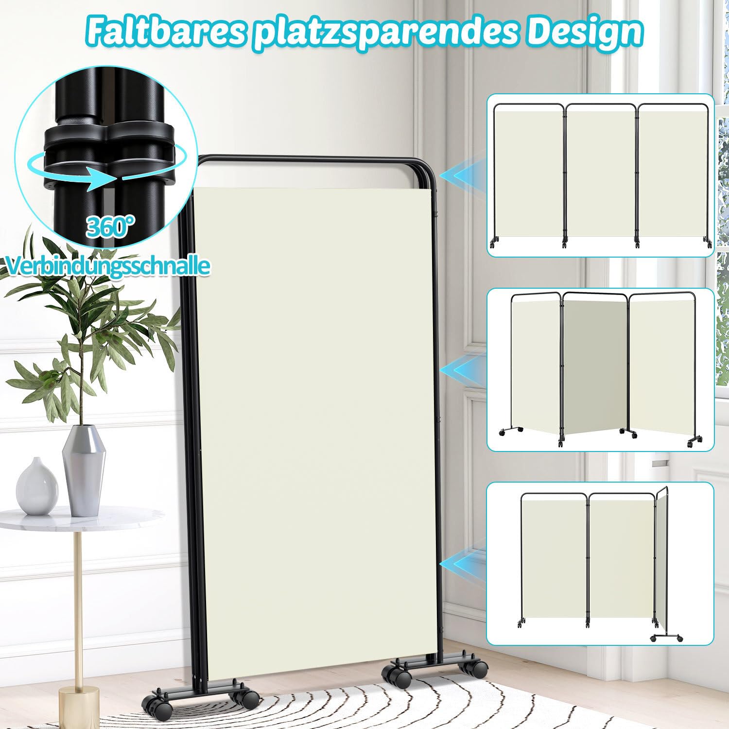 Paravent Raumteiler Klappbar Freistehend Trennwand auf Rollen, Umkleide Sichtschutz, Raumtrenner 3 Teilig 263 x 180 cm, freistehendes Raumteiler für Büro Schlafzimmer - Beige