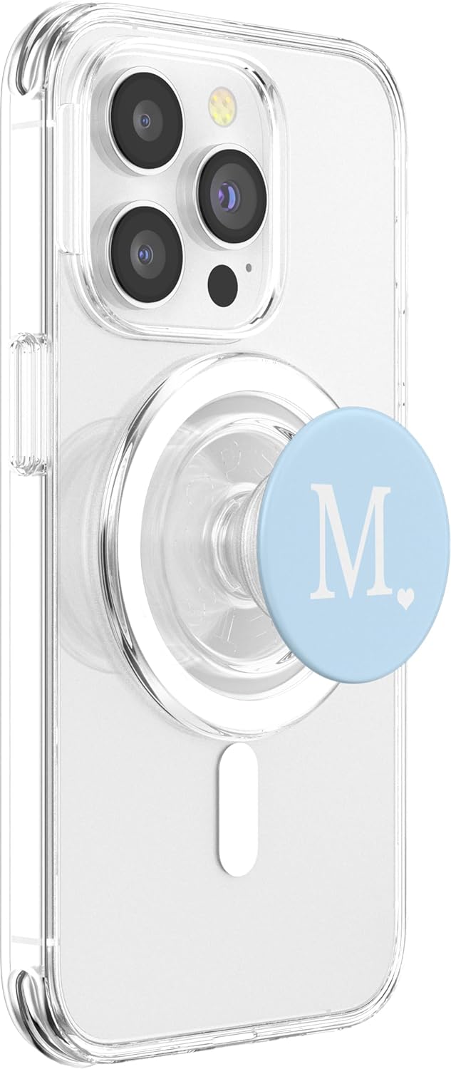 White Initial Letter M Heart Monogram On Pastel Light Blue PopSockets PopGrip for MagSafe