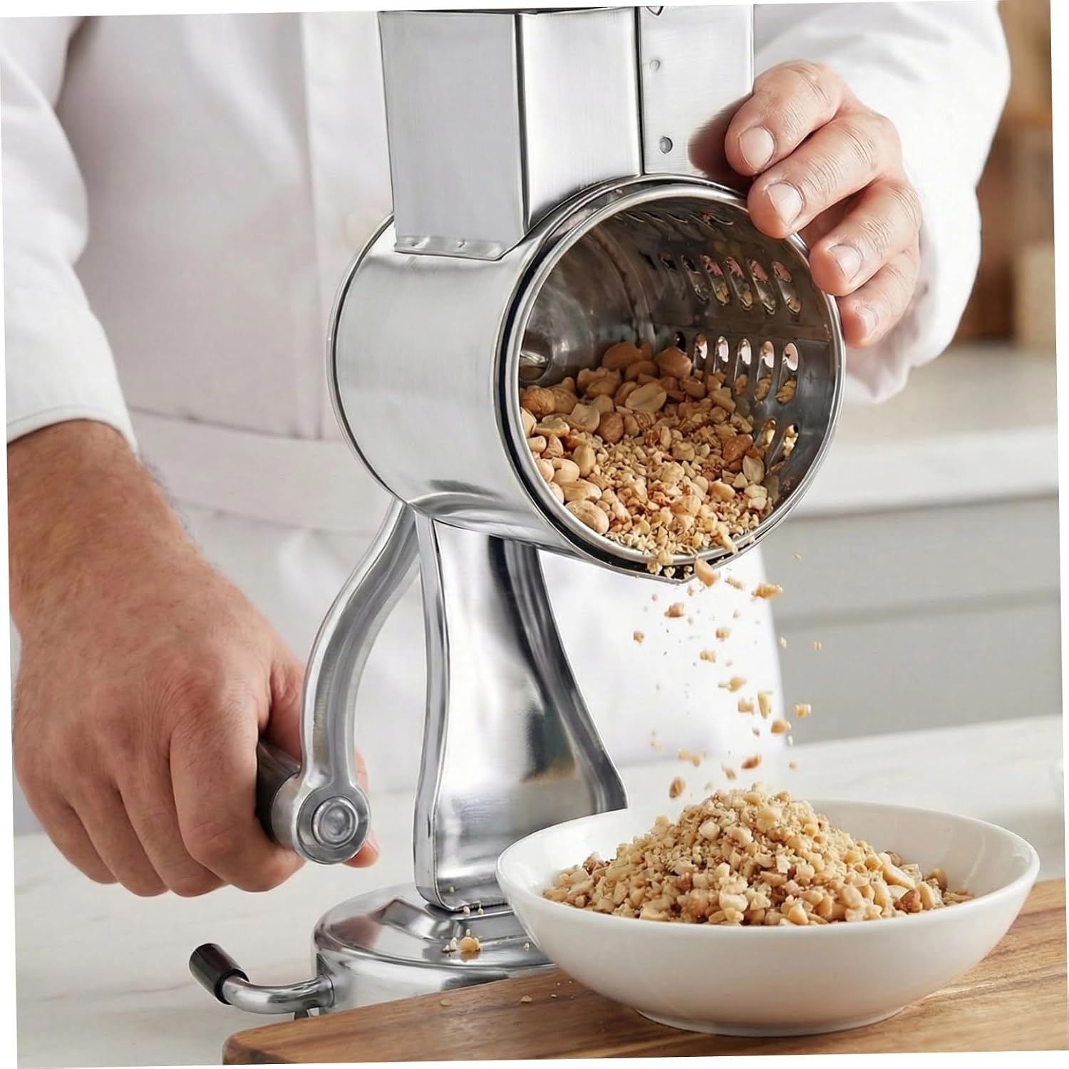 Cheese Grater Rotary, Hand Crank Stainless Steel Cheese Grater with 5 Blades, Even Shredding Suction Base Vegetables Chopper for Walnuts, Potato, Carrot Metal
