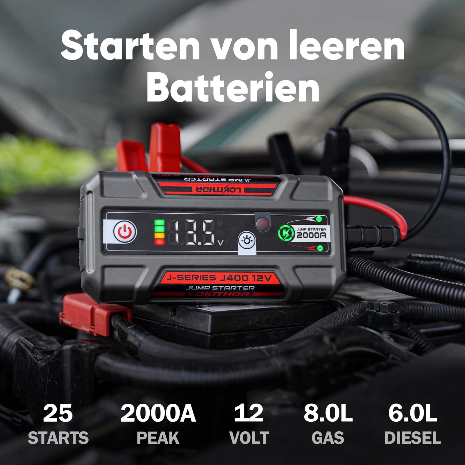 LOKITHOR J400 Starthilfe Powerbank für PKW 2000A 12V Lithium Booster | Batterie Lithium & Écran Numérique, Démarreur Portable pour Essence 8.0L & Diesel 6.0L