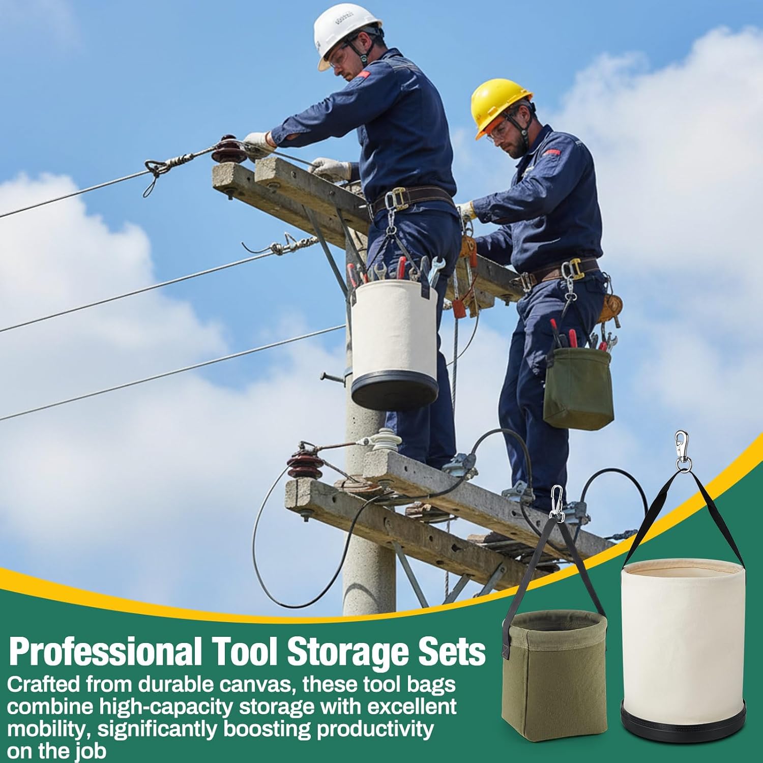 2 Pcs Lineman Canvas Tool Bucket Set Large Canvas Bucket and Mini Tapered Bottom Bag Electrician Aerial Work Tool Organizer with Plastic Bottom & Metal Hook