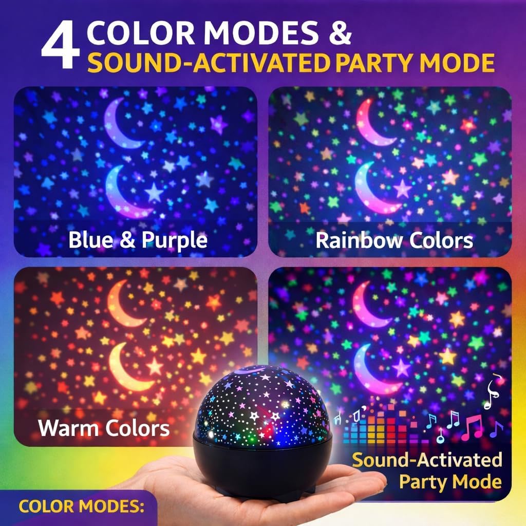 Star & Moon Projector Night Light for Kids – Rotating Galaxy LED Light with Colorful Stars, USB Powered Fun Night Lamp for Bedroom, Playroom & Gifts (Boys & Girls)