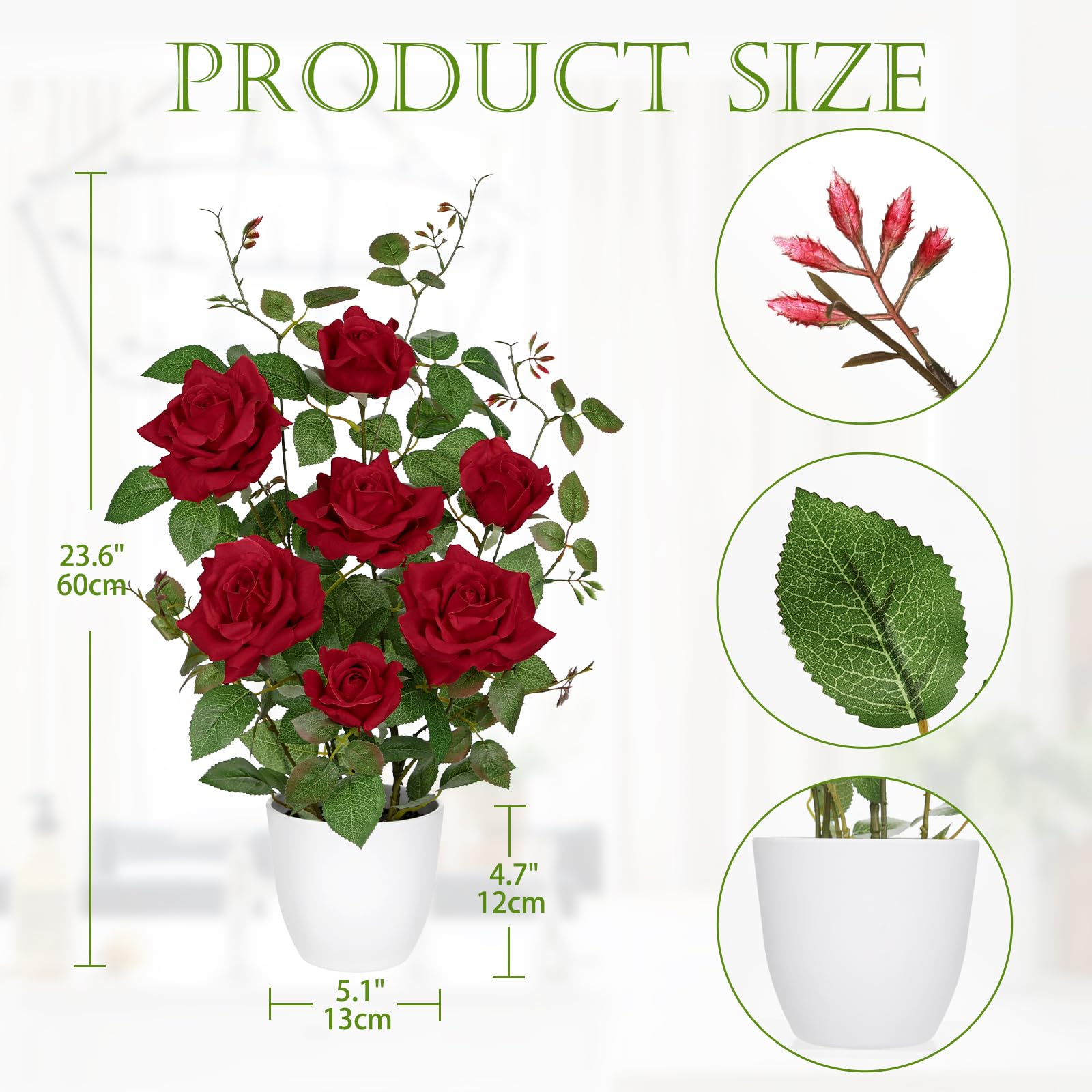 Oairse Artificial Rose Flowers in Pot Realistic Silk Fake Plant for Home Decor Faux Red Roses Flower with White Pot Floral Decoration for Wedding Living Room Bedroom Office Table Centrepiece - Image 3