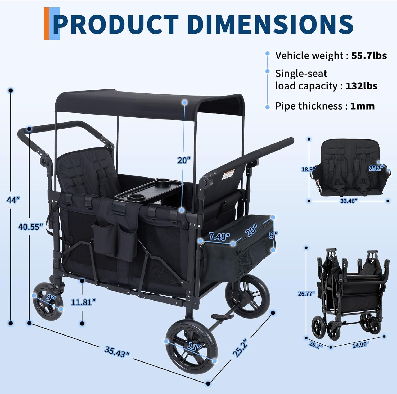 4 Seater All-Terrain Wagon Stroller - Premium Wagon for Kids with Safety Harness, Snack Tray, Removable Canopy, Swivel & Fixed Wheels with One-Step Brake, Black