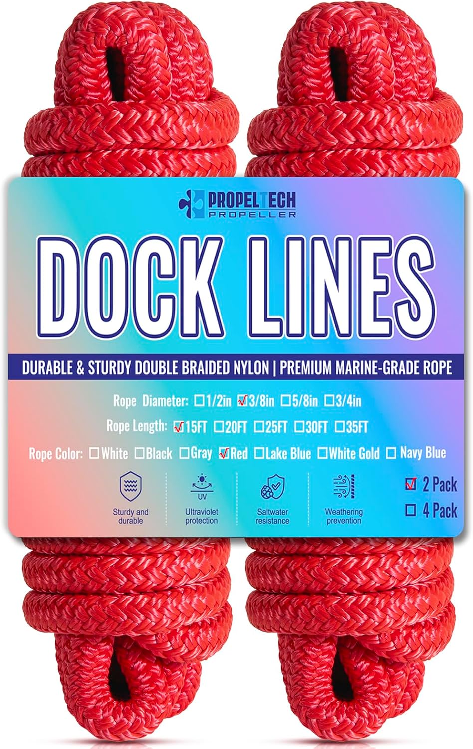 2 Pack 3/8" x 15' Dock Lines, Improved Nylon Boat Ropes, Red | Double Braided Boat Lines for Docking with 12" Loop, Marine-Grade High Strength Dock Ropes for Boats, Pontoons, Fishing Boats