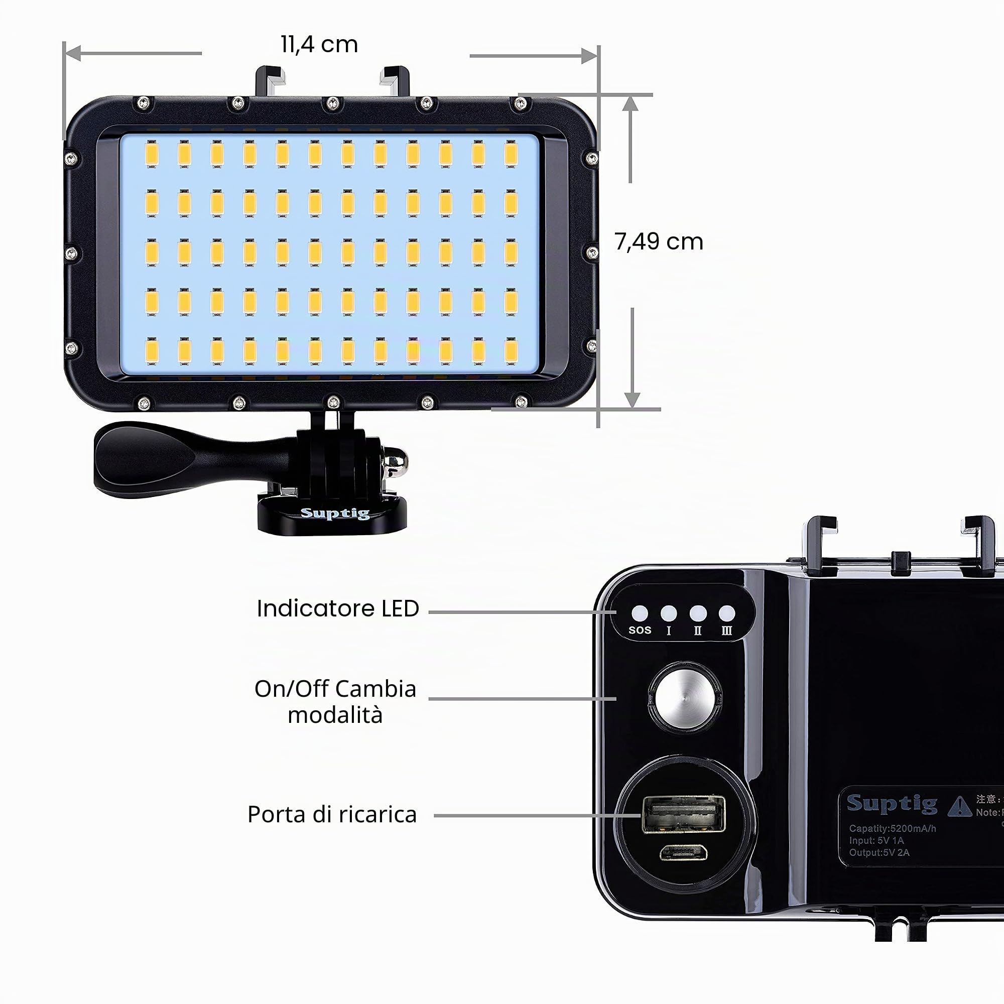 Suptig 60 luci LED video con batteria di ricarica portatile da 5200 mAh, illuminazione portatile impermeabile 50 m, luce dimmerabile compatibile per GoPro Hero Hero 13/12/11/10/9/8/7/6/5/4/3