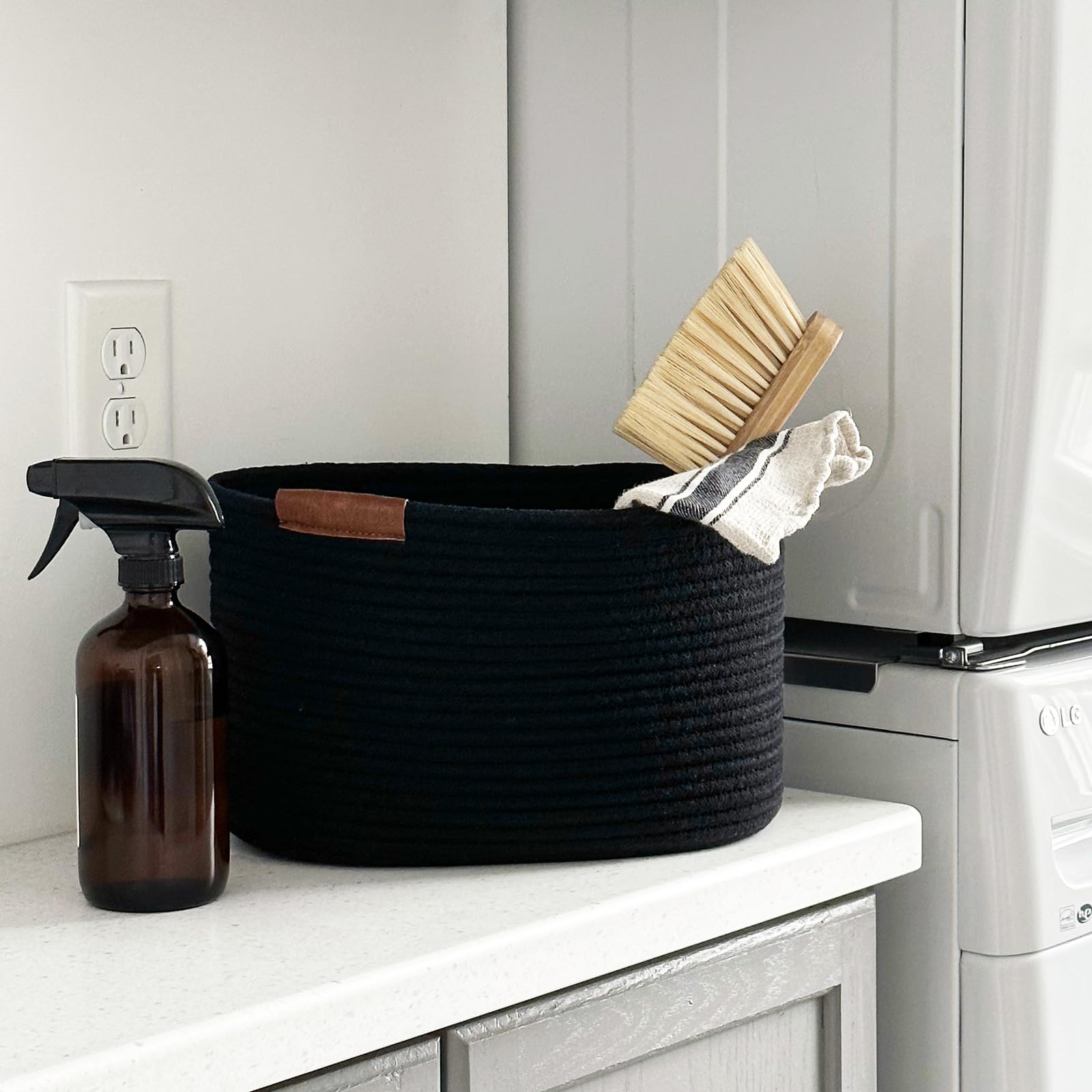 Cestas para organizar, cesta de almacenamiento con asas y etiqueta decorativa de cuero, cesta tejida para juguetes, toallas, paños, zapatos, cesta negra, 3 paquetes 5