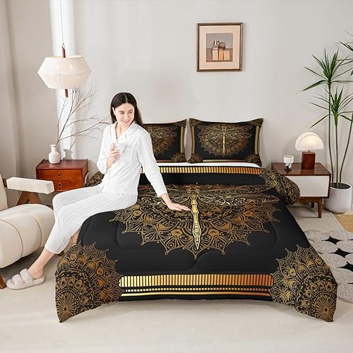 Miniatura 2 de Erosebridal Juego de ropa de cama de libélula gótica, juego de edredón de mandala hippie dorado, bohemio, floral, juegos de edredón y juegos de
