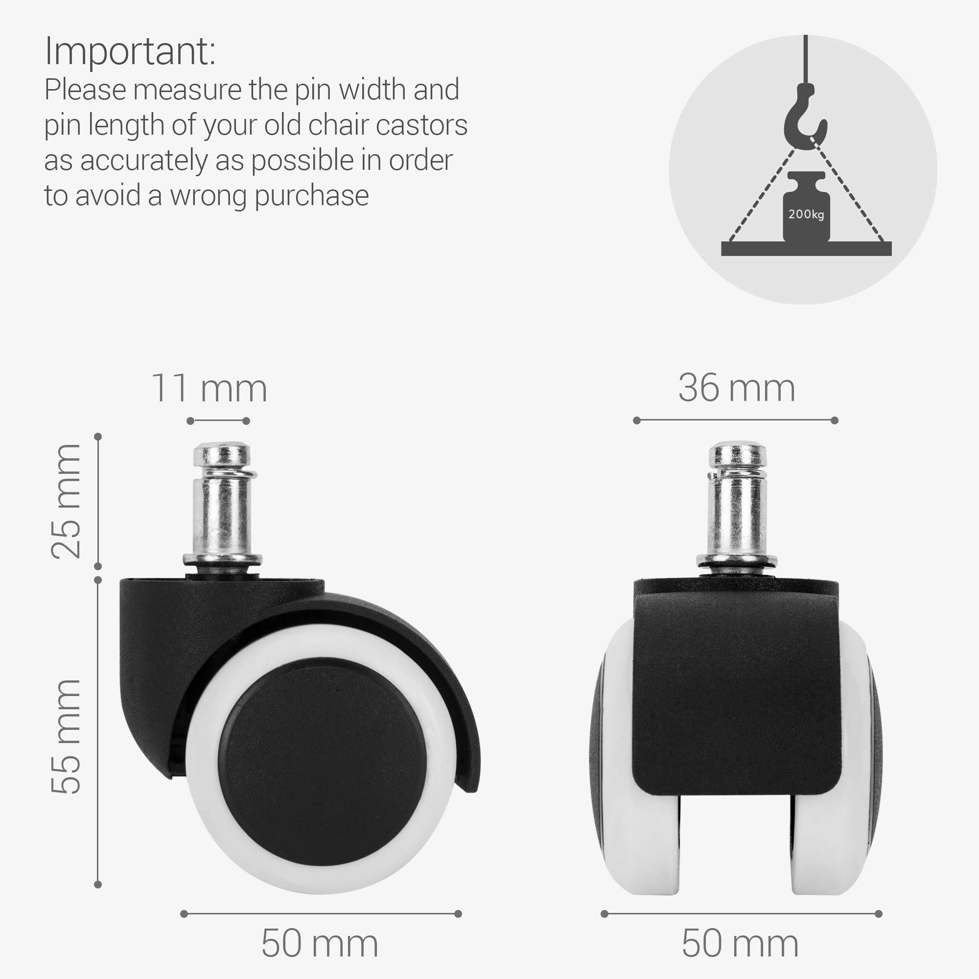 kwmobile Navaris Ruedas para Silla de Oficina de 11 mm - Set de 5 Ruedas de 50 mm de diámetro - Ruedas de Repuesto giratorias de plástico Duro - Blanco
