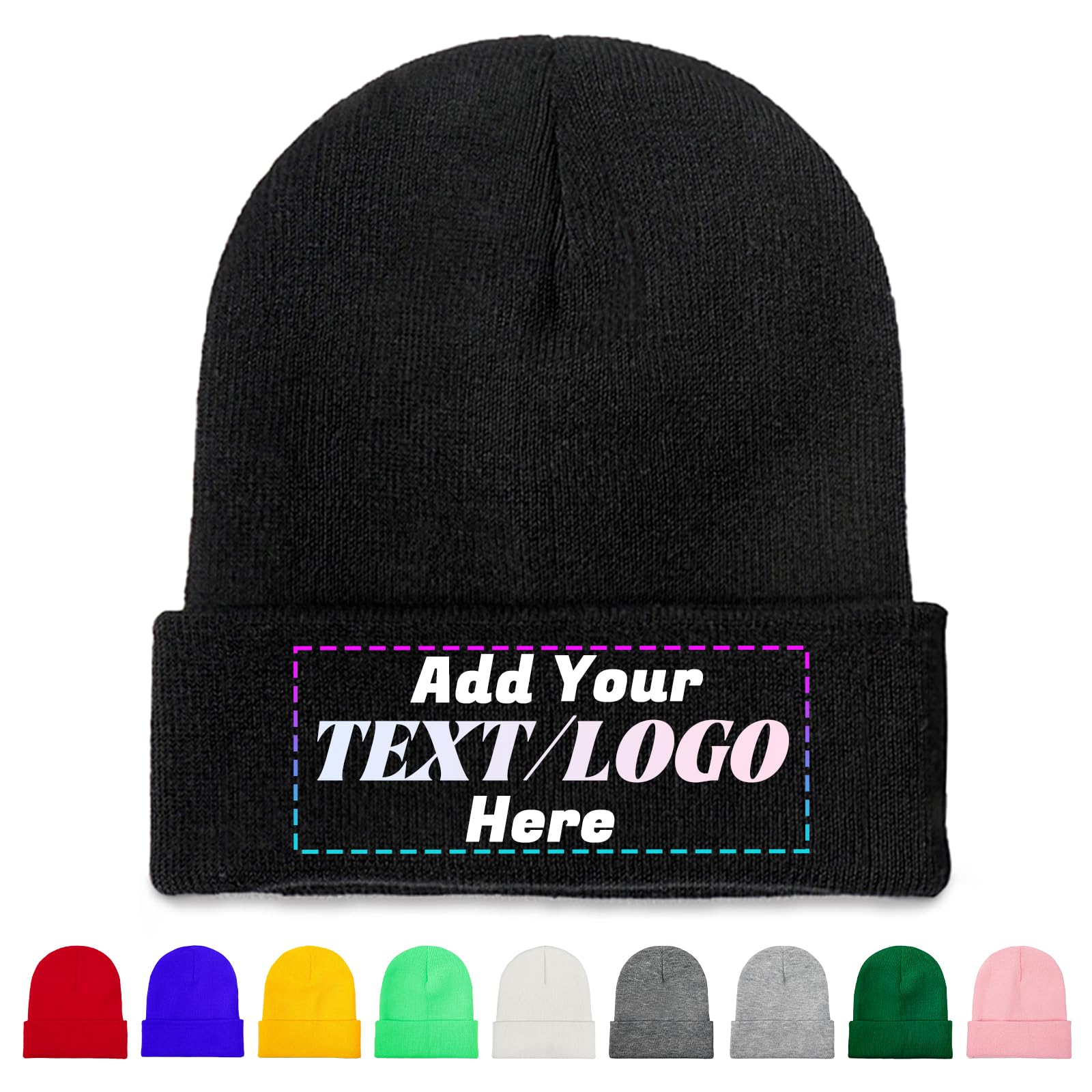 Personalised Beanie Hat, Custom Beanie with Text Logo Image, Custom Men's Skullies & Beanies, Skull Cap Winter Warm Hat for Men (UK, Alpha, One Size, Black)