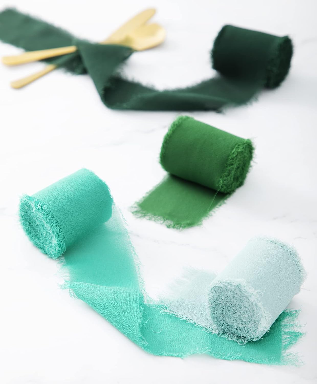 Frayed Chiffon Ribbon Green Gradient 2" x 5.5 Yd, 4 Rolls Handmade Ribbons for Wedding, Bouquets, Gift Wrapping