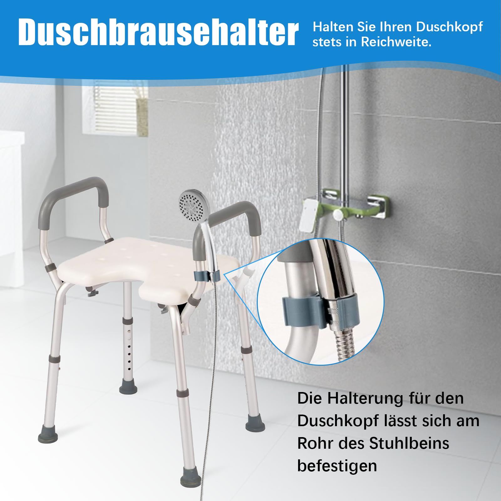 Höhenverstellbarer Duschhocker mit U-Sitz & Duschkopf-Halterung - 6-Stufen Badewannenhocker (38-67cm) aus Aluminium, rutschfest für Senioren und barrierefreies Baden