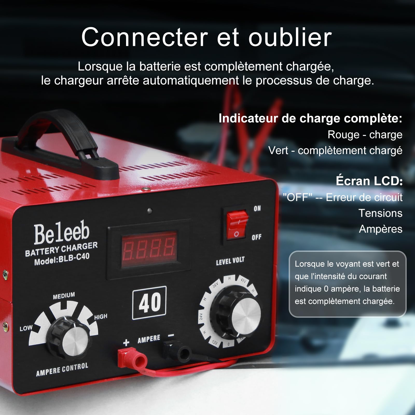 Hugoome Beleeb Series C40 Chargeur de batterie 12 V 24 V 36 V 48 V 60 V 72 V, impulsions de désulfateur de batterie haute tension mainteneur avec clips pour batteries lithium-ion plomb-acide