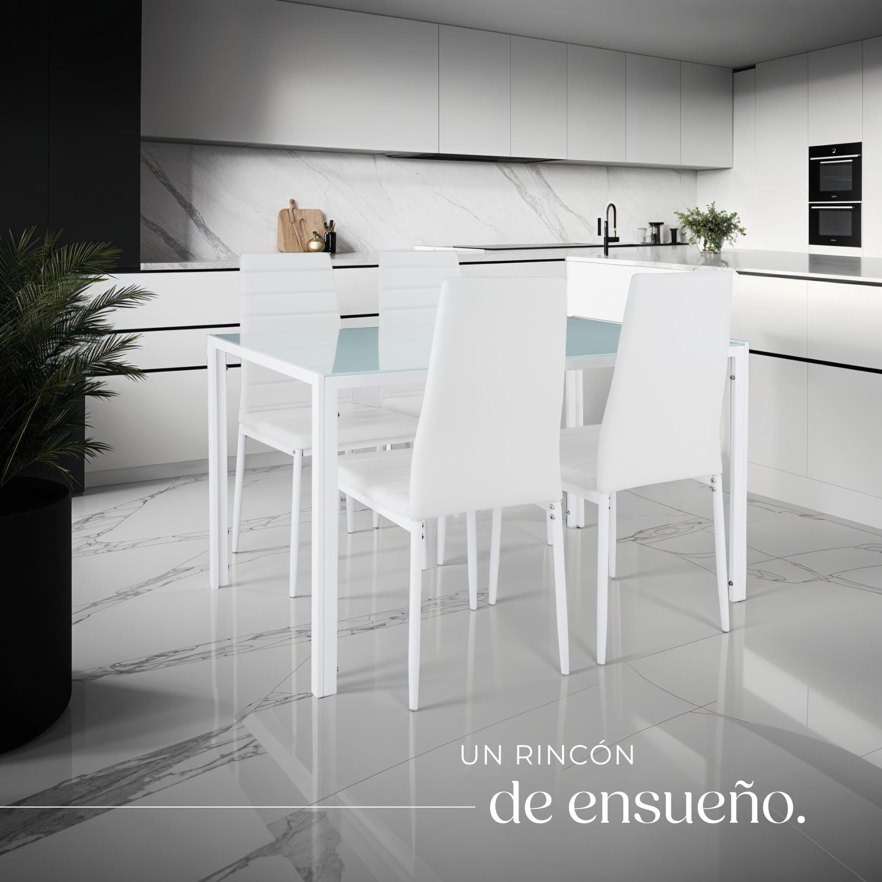 tectake Dining Table and Chairs Set, Safety Glass Table and 4 Upholstered Kitchen Chairs Faux Leather, Steel Frame, Dining Chairs, Kitchen Furniture Set – White — view 7