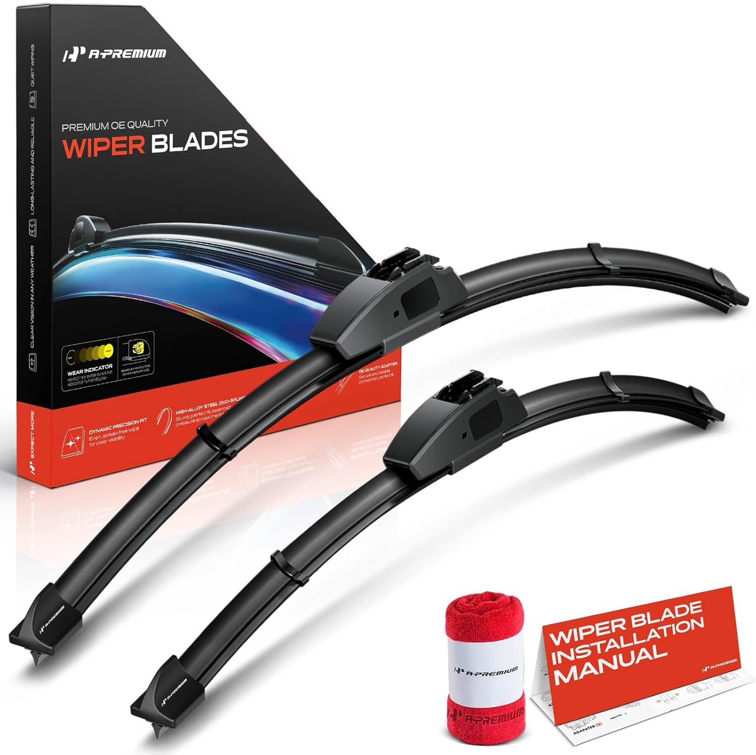 A-Premium Pack of 2 Windshield Wiper Blades with Wear Indicator & Towel - Compatible with Buick Regal 2011-2017, Envision & Cadillac CT6 2016-2020, CT5 2020-2024 - 24" and 18", Hook Connector