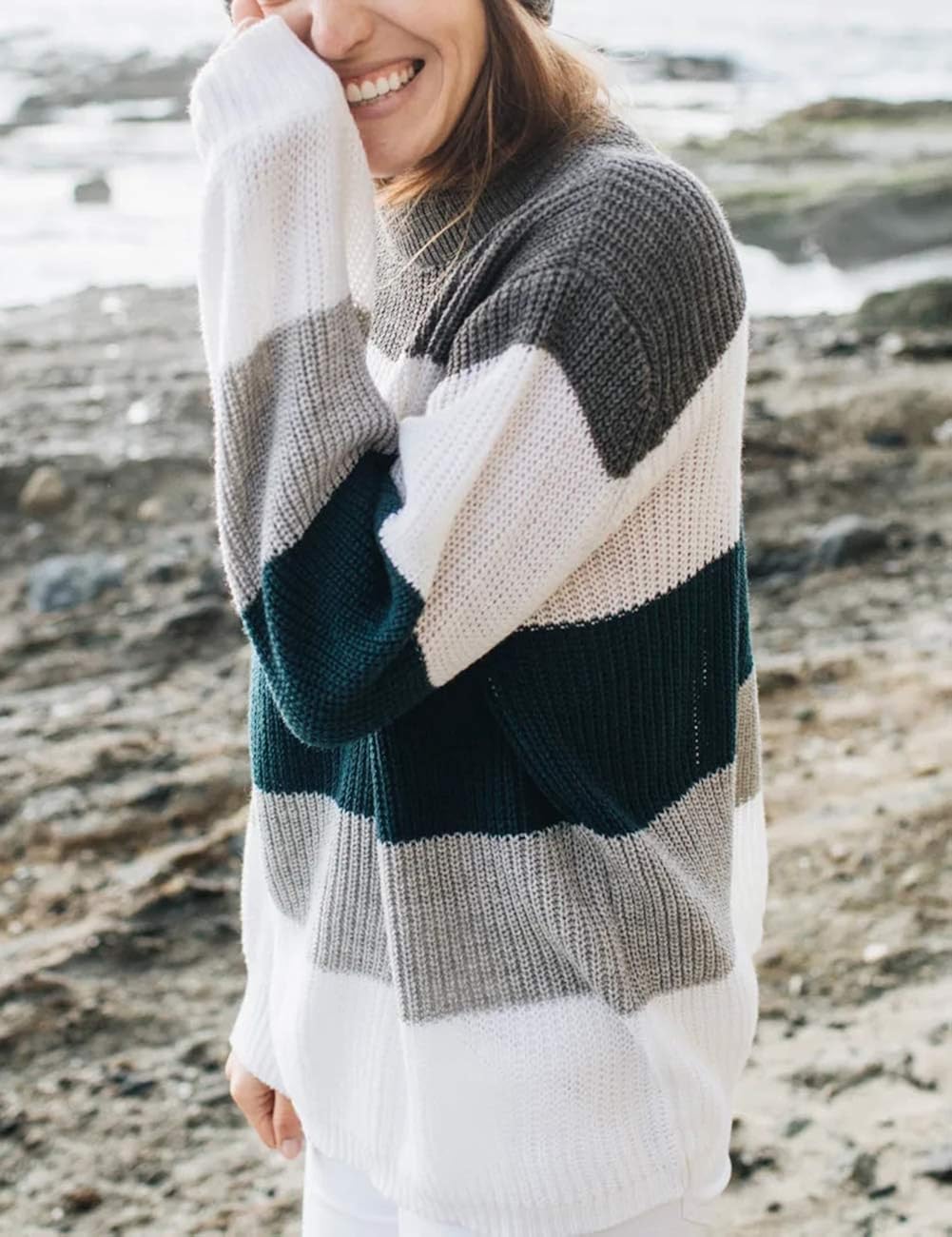 MEROKEETY Women's Crew Neck Long Sleeve Color Block Knit Sweater Casual Pullover Jumper Tops at  Women’s Clothing store