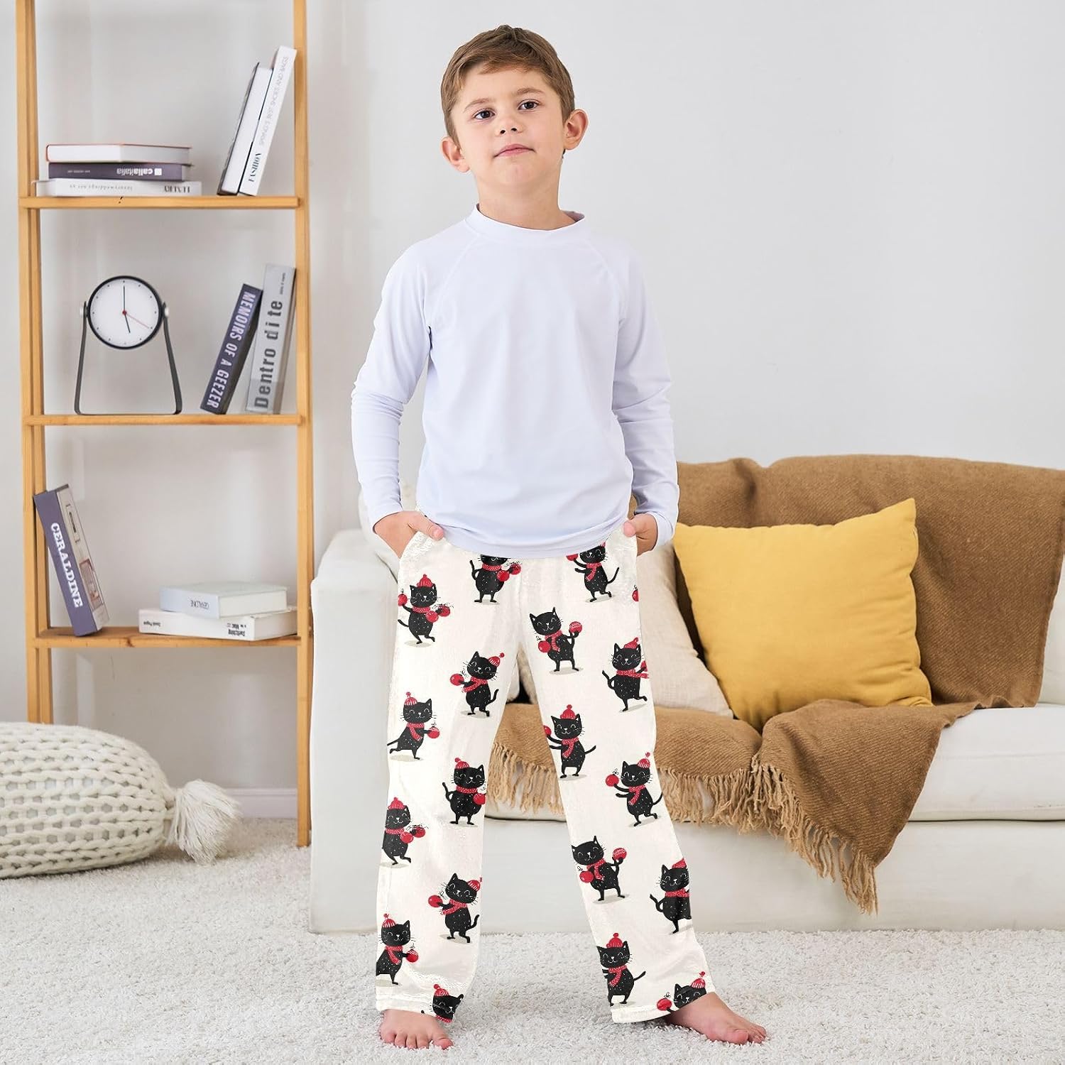 visesunny Cartoon Black Cats Red Scarves Boys Pants for Kids Fleece Bottoms Long Jogger Pants Trousers Pockets Size 6-14Y