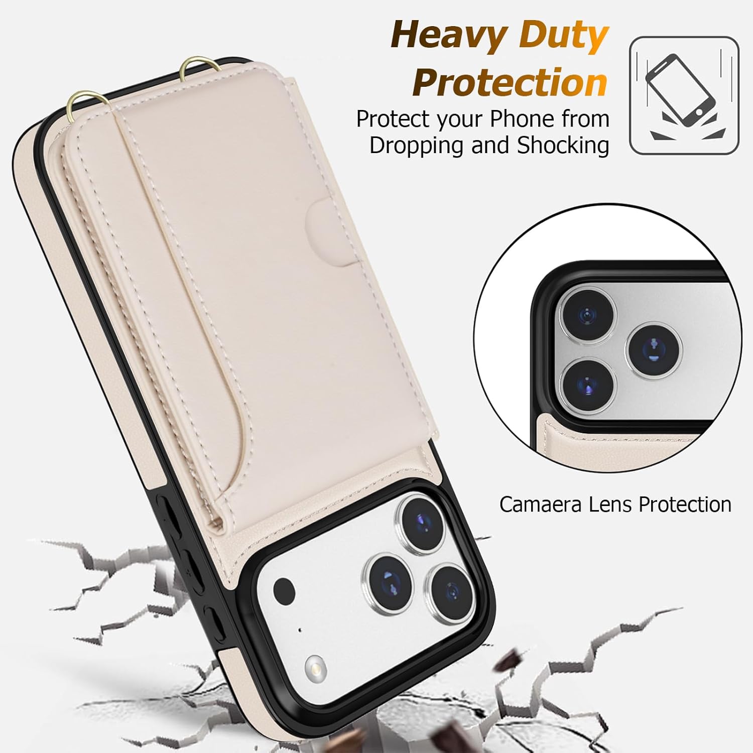 LOHASIC for iPhone 17 Pro Max Wallet Case with Strap, Detachable Crossbody Lanyard & Wrist Strap, RFID Blocking 4 Card Slots & 1 Cash Slot Card Holder Leather Case Cover for Women -Ivory White