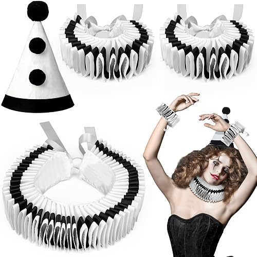 Maiteenly Collar Cuff Set Clown Accessories Elizabethan Renaissance Neck Ruff Clown Collar Cuffs - Black White
