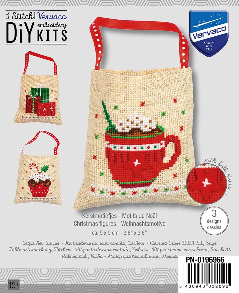Vervaco Counted Cross Stitch Gift Bags Kit 3.6"X3.6" 3/Pkg-Christmas Figures (18 Count) -V0196966