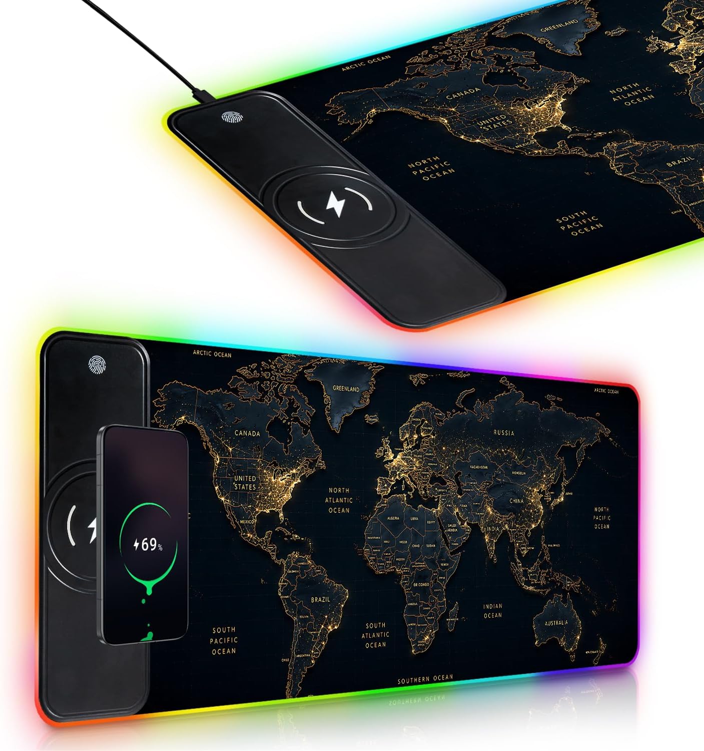 RGB Gaming Mouse Pad,World Map Wireless Charging Mousepad with 7 Light Modes, Large Mousepad with Premium Smooth Surface, Non-Slip Mouse Mat for Gaming, Desk, PC,Office 31.5 x 11.8 in