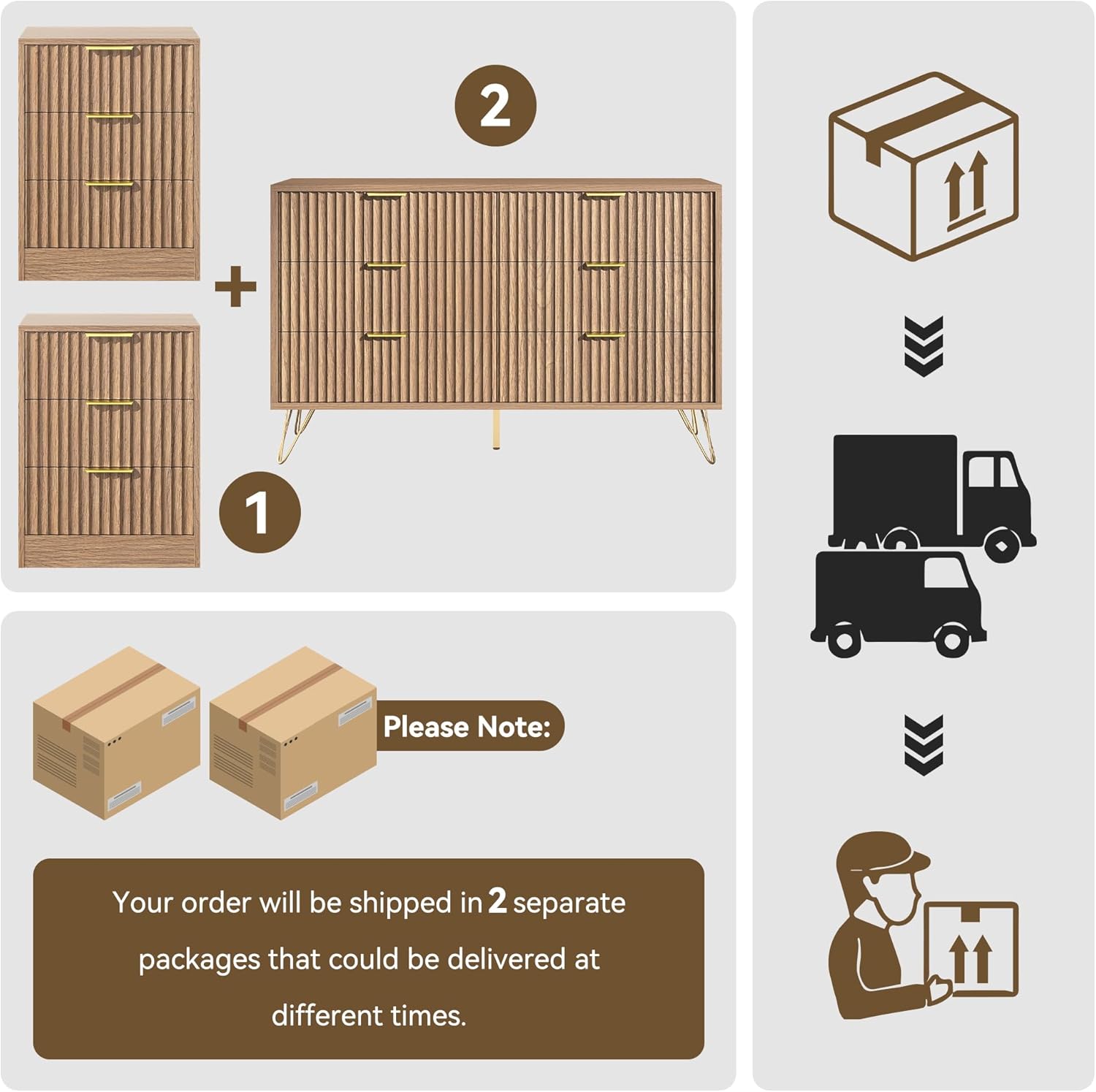 6 Drawer Dresser and Nightstand Sets for Bedroom, 3 Pcs Fluted Bedroom Set, 3 Drawer Night Stand Set of 2 & 6 Drawer Dresser with Golden Handles, Wood Chest of Drawers Cabinet Set, Natural Oak