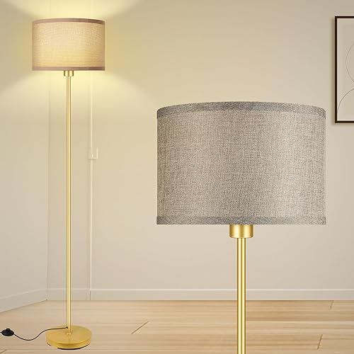 Lámpara de pie dorada para sala de estar, lámpara de pie moderna con bombilla (12 W, 2700 K), pantallas de arpillera, interruptor de pie, lámpara