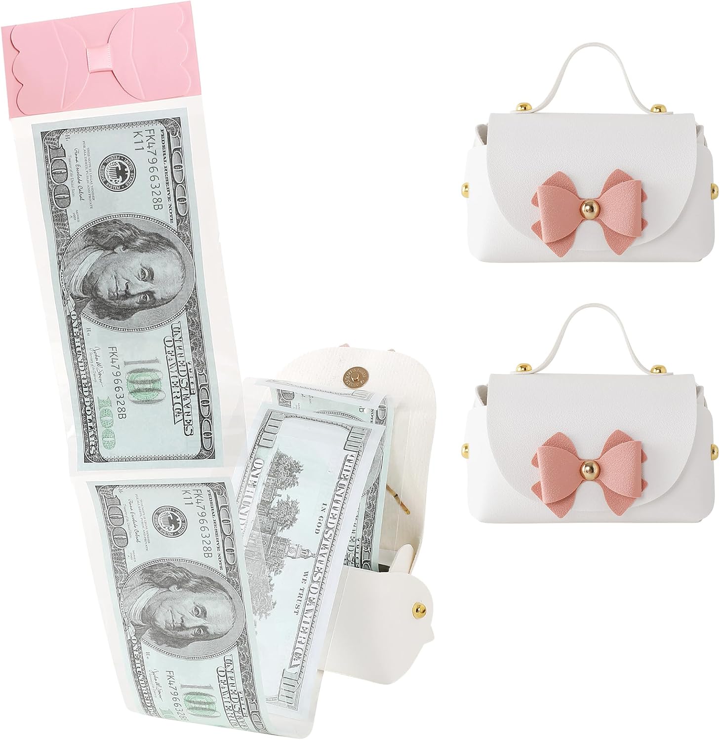 2PCS Money Box for Cash, Leather Bowknot Surprise Money Boxes Mini Money Pull Bags with 30 Pcs Transparent Bags for Christmas Party Birthday (White)