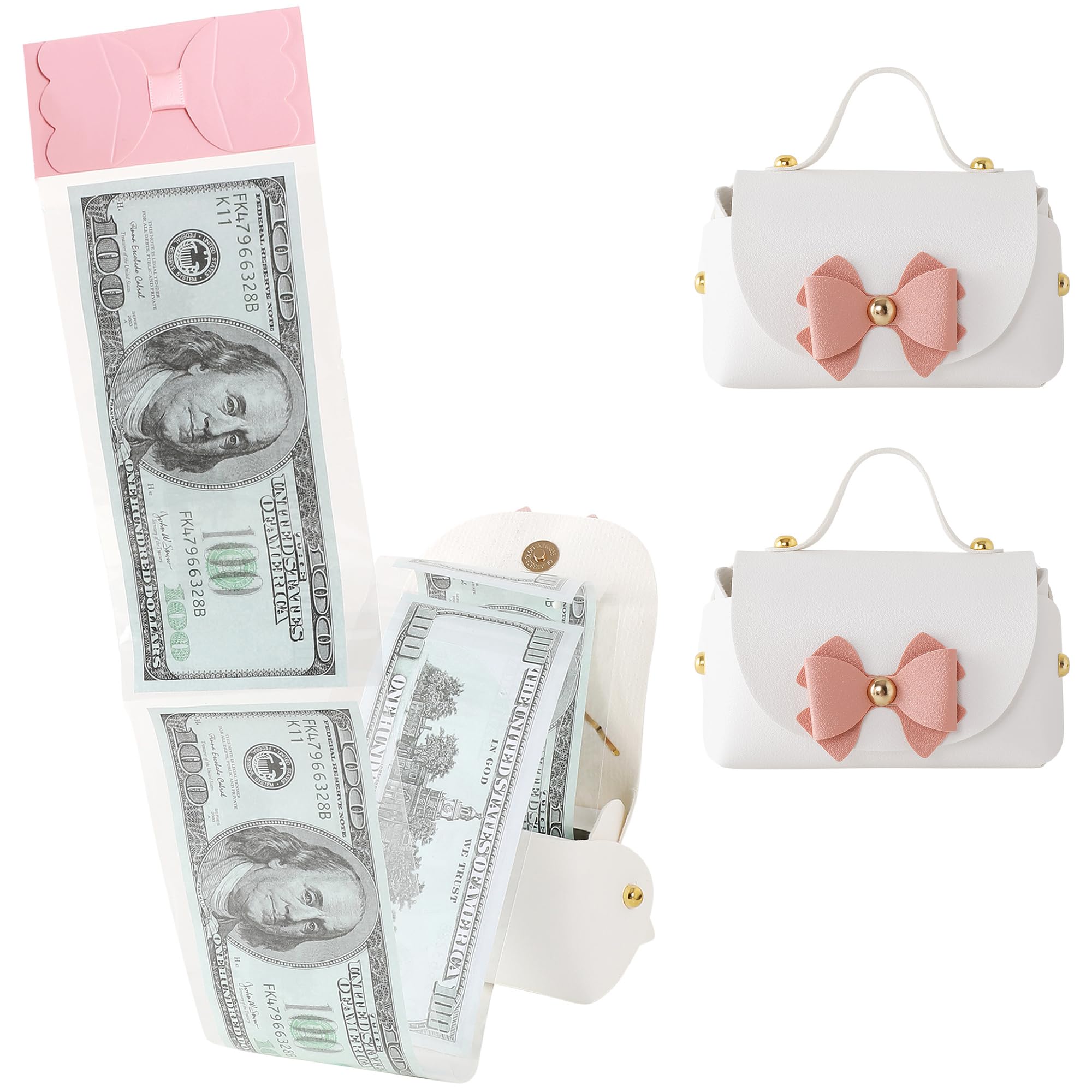 Litvana Pull-Out Money Gift Box - 2 Pieces Leather Surprise Present Cash Box with Bow for Birthdays, Anniversary & Christmas White
