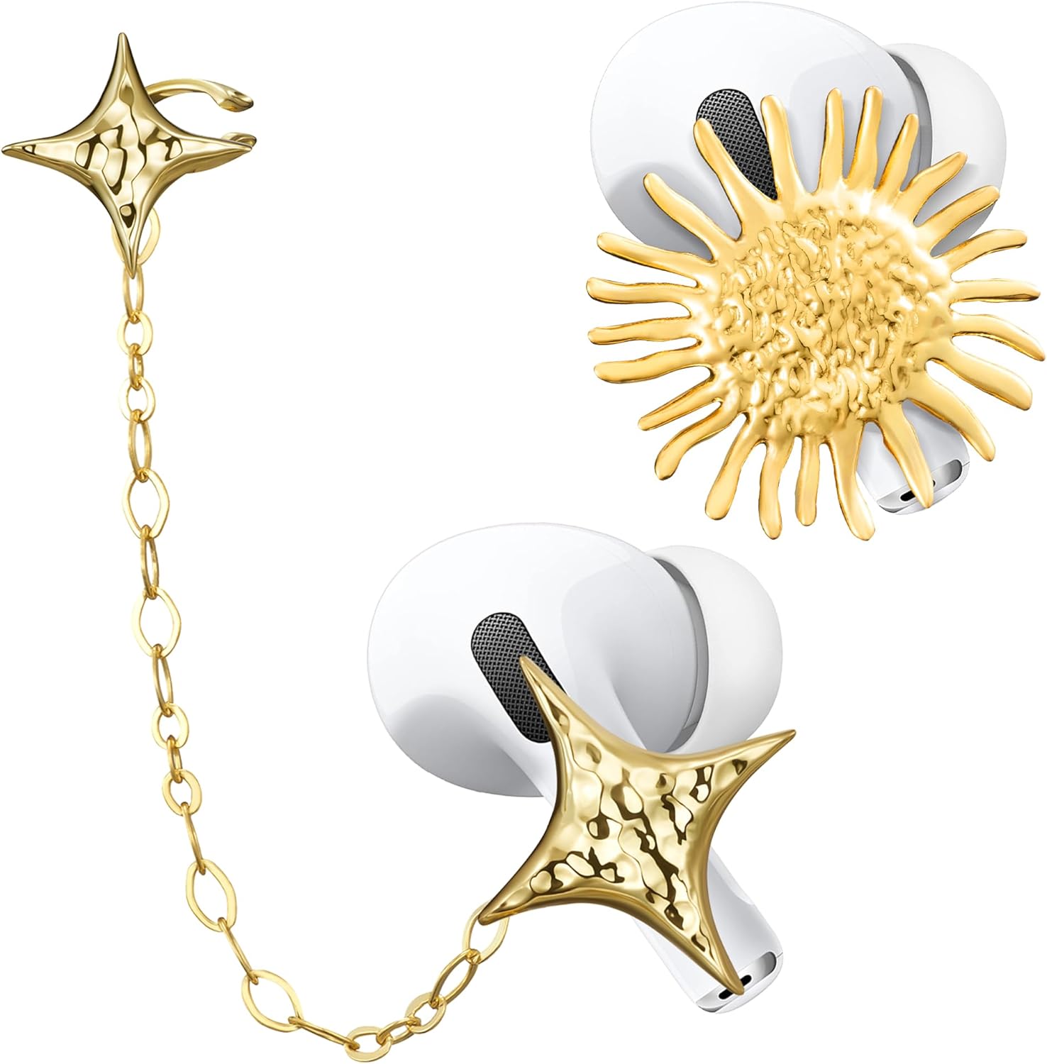Earphone Jewelry - Anti-Lost Running Airpod Holder Chain, Adjustable Star Sun Earpod Earrings Thanksgiving Outfit Women for Airpods 4/ Pro 3 / Pro 2 (2pcs Gold, Portable Box)
