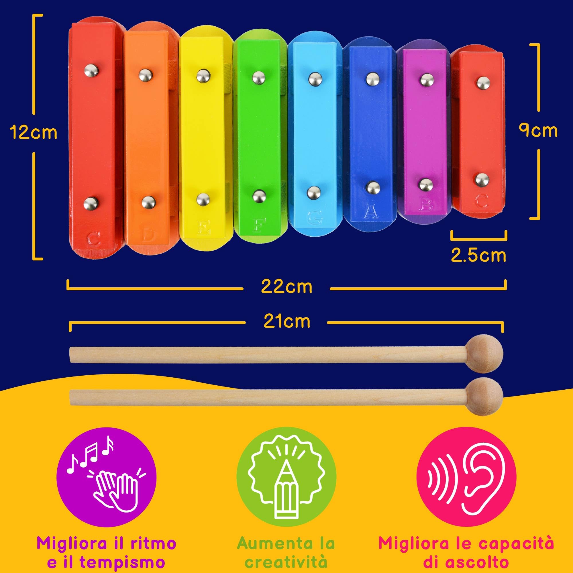 A-Star Colorful Chime Bar Set di 8 Xilofono Soprano Diatonico Arcobaleno Glockenspiel con Due Battitori di Legno in Borsa per il Trasporto - C6 a C7