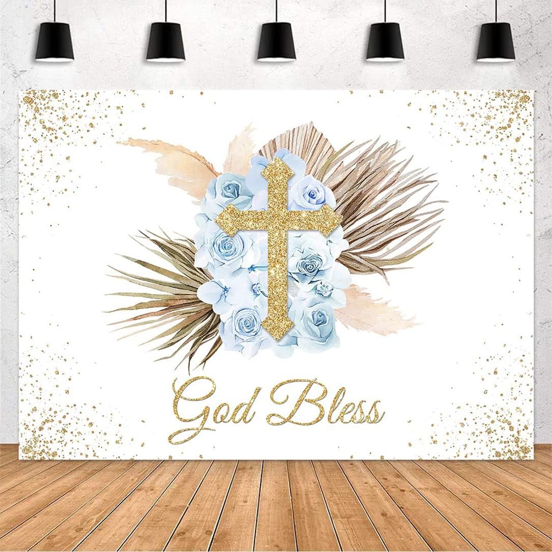 Avezano God Bless Backdrop for Girls Boho First Communion Confirmation Baptism Party Background Pink Floral Christening Gold Cross Banner Decorations(7x5ft)